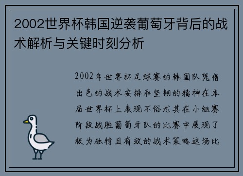 2002世界杯韩国逆袭葡萄牙背后的战术解析与关键时刻分析